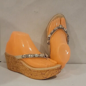 CALLISTO 2-1/2" WEDGE CORK HEEL SANDALS WITH‎ RHINESTONES ( sz 7)